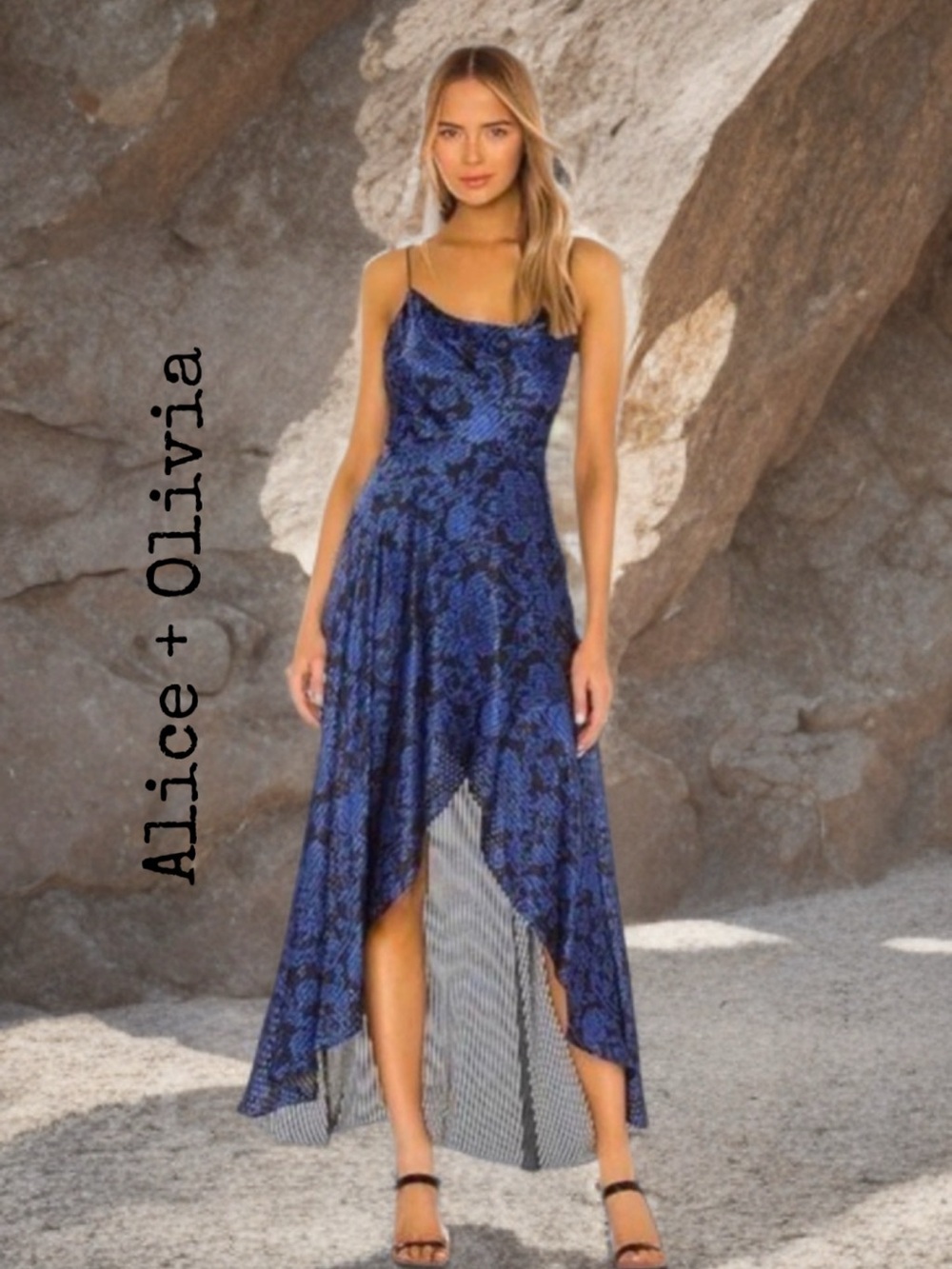 ALICE + OLIVIA 
 Royal Blue Floral High-Low Slip Dress